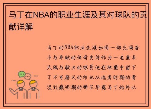 马丁在NBA的职业生涯及其对球队的贡献详解
